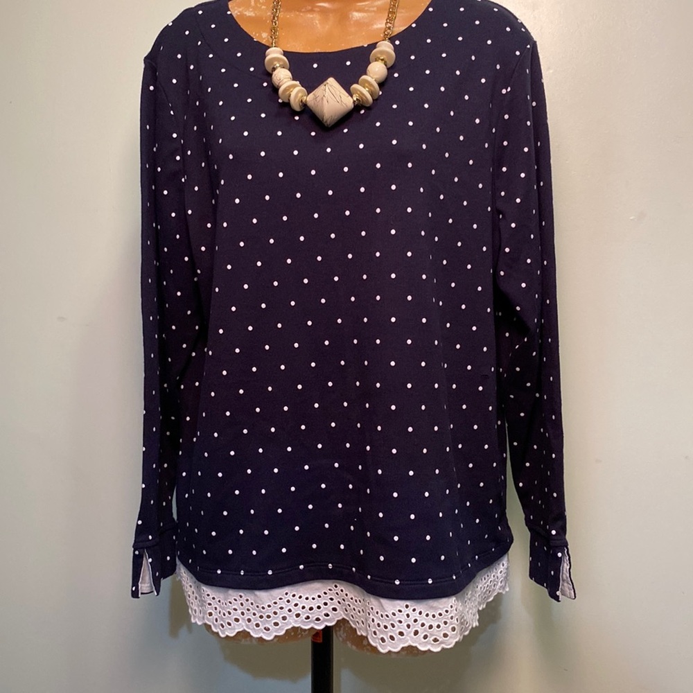 🛝sliding down 50%, Croft & Barrow Navy Blue Polka-Dot Lace Bottom PXXL Blouse